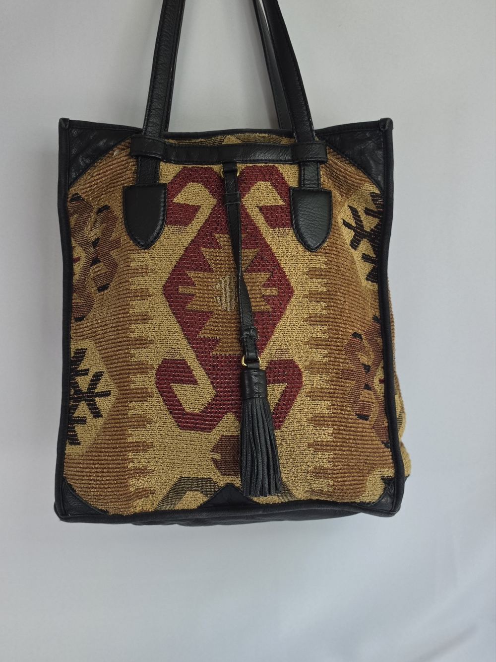 Isabella Fiore Kilim Tapestry Tote Bag Leather Trim Tassel Southwestern Boho
